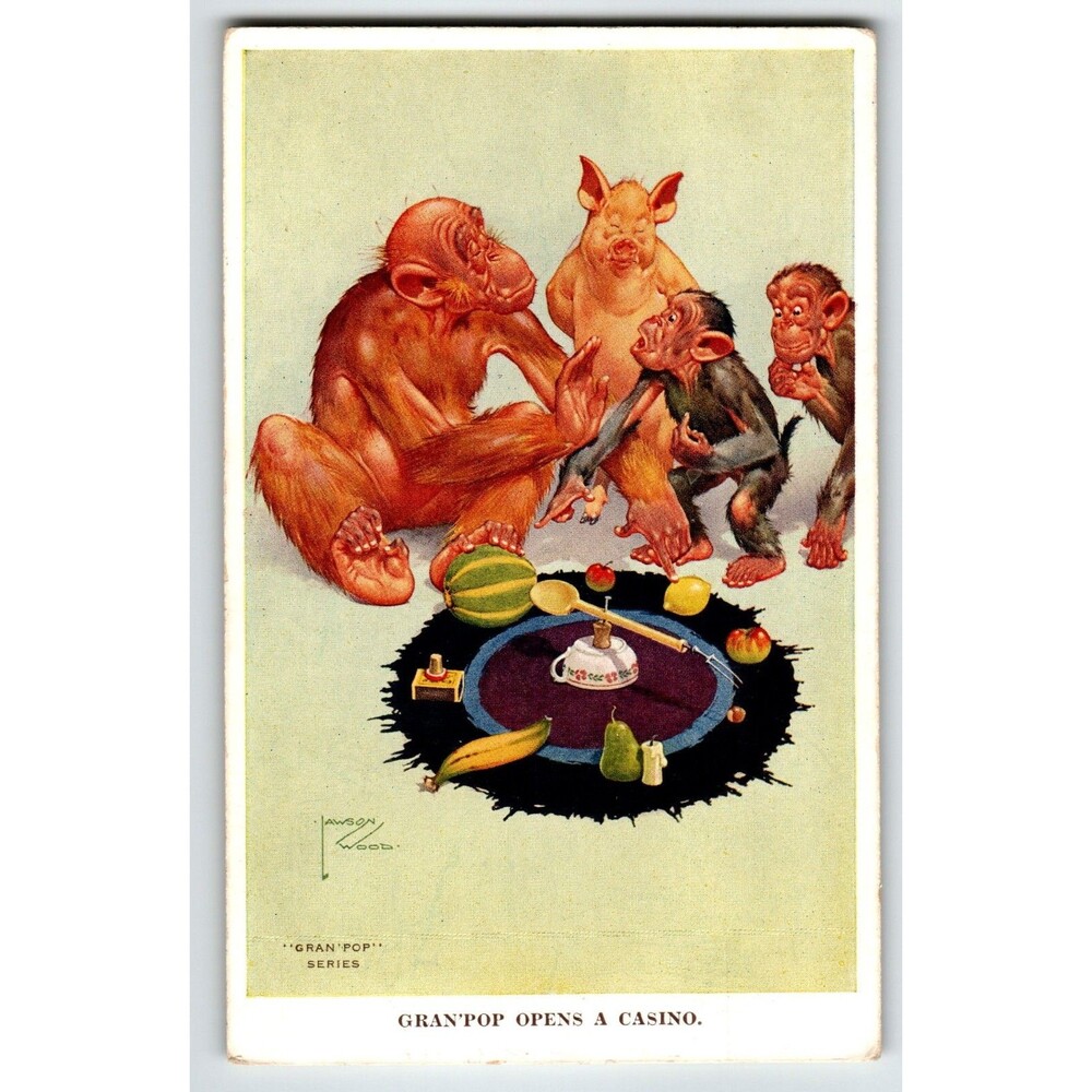 Monkey Pig Casino Wheel Game Postcard Larson Wood Signed Fantasy Anthropomorphic